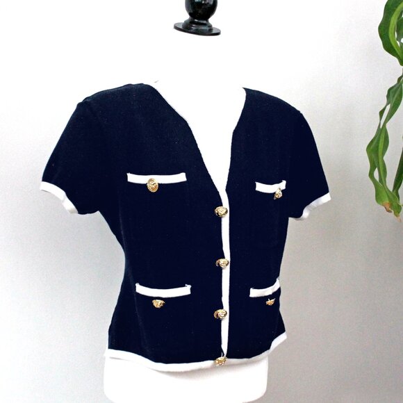 PORTS Navy Blue Cardigan Short Sleeve 100% Cotton Sweater Gold Button Size M - Picture 5 of 7